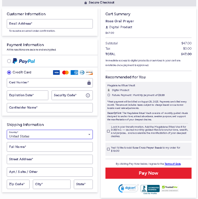 Rose Grail Prayer Checkout Page